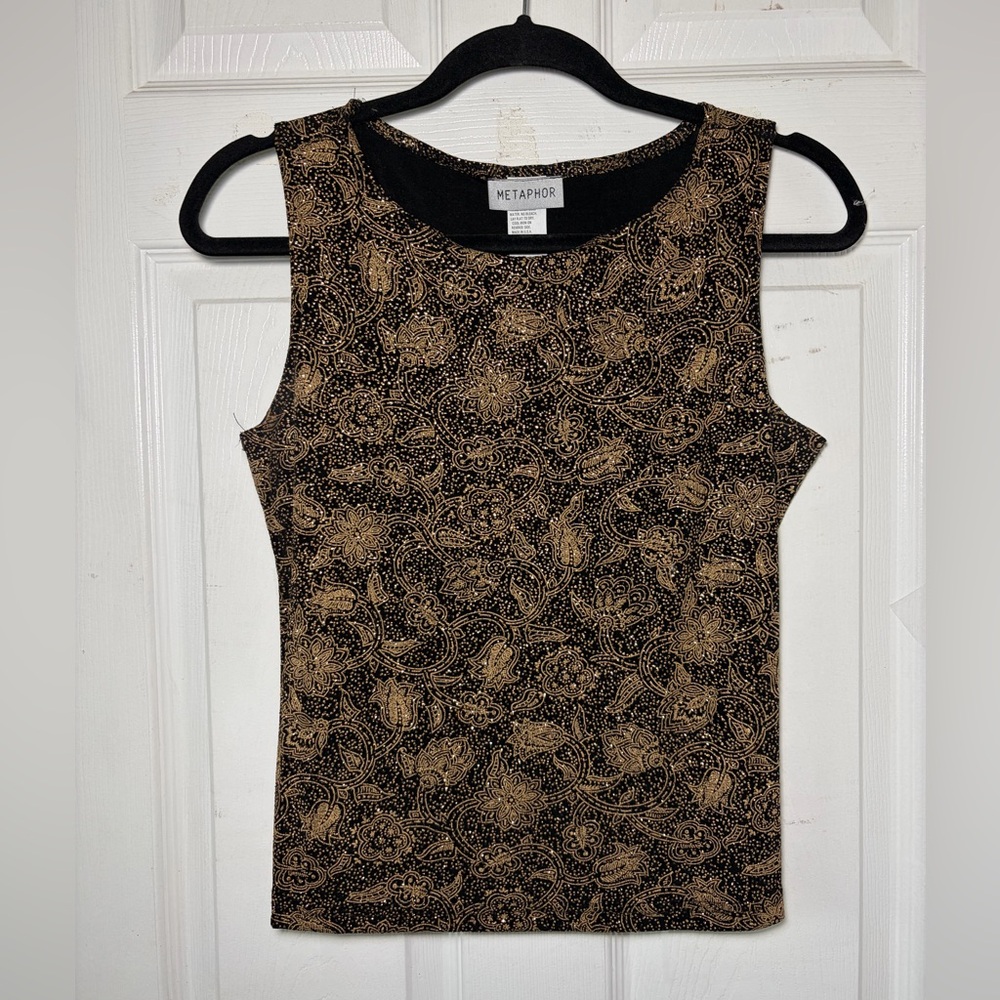 Metaphor Black and Sparkling‎ Gold Paisley Tank Top M